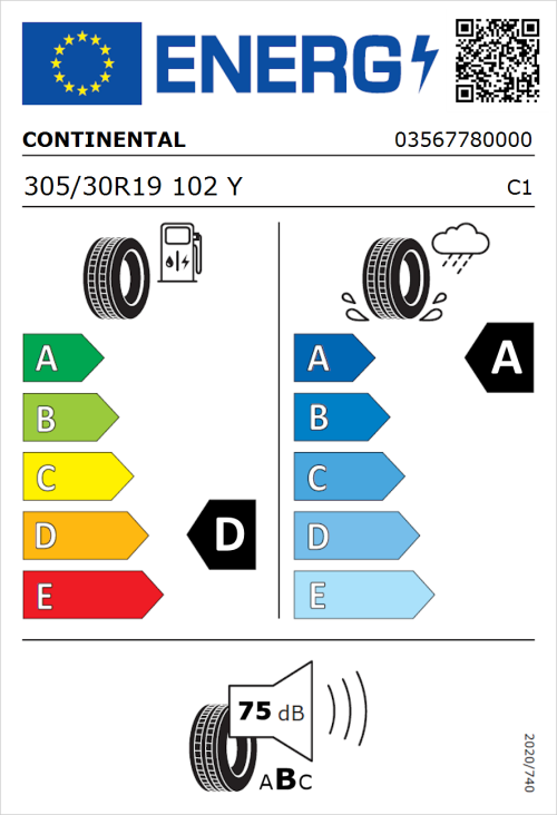 Tyre Label for Continental ContiSportContact 5 P 305/30R19 102Y