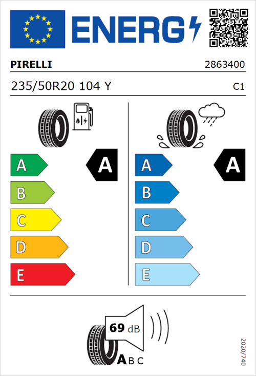 Tyre Label for Pirelli P Zero (PZ4) Sport Car 235/50R20 104Y