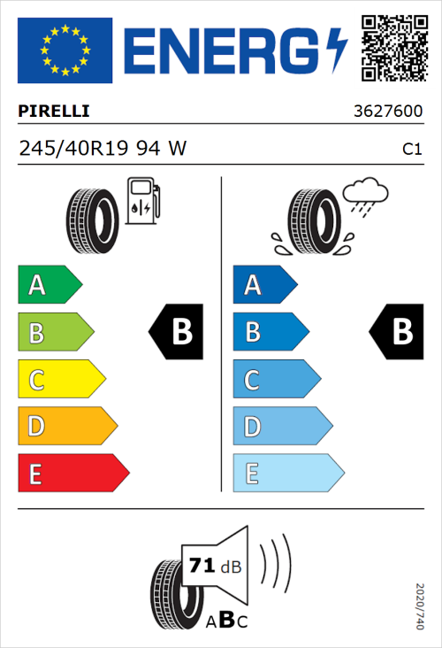 Tyre Label for Pirelli P Zero (PZ4) Sport Car 245/40R19 94W