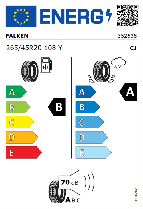 Tyre Label for Falken Azenis FK520 265/45R20 108Y