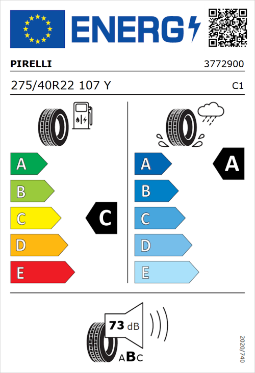 Tyre Label for Pirelli P Zero (PZ4) Sport Car 275/40R22 107Y