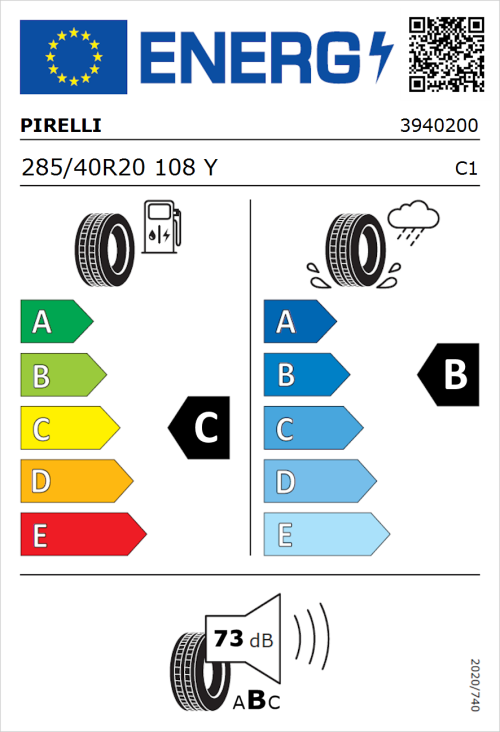 Tyre Label for Pirelli P Zero (PZ4) Sport Car 285/40R20 108Y