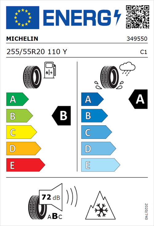 Tyre Label for Michelin CrossClimate 3 255/55R20 110Y