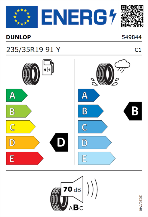 Tyre Label for Dunlop SP SportMaxx RT 235/35R19 91Y